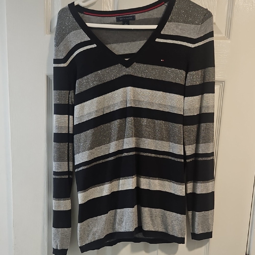 Tommy Hilfiger Black and Gray Striped Top